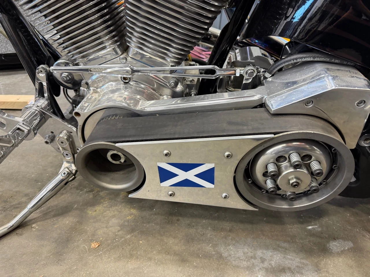 Large exposed primary belt drive on a Big Bear Chopper