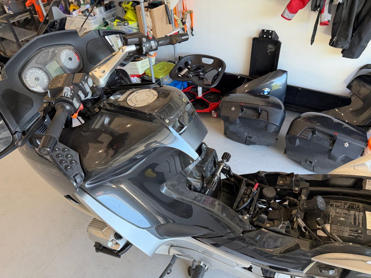 BMW R1200 RT with service panels removed during ABS bypass conversion